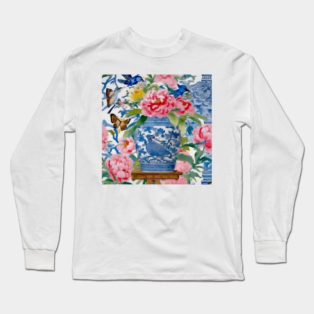 Chinoiserie vase, peonies, birds and butterflies watercolor painting Long Sleeve T-Shirt by SophieClimaArt